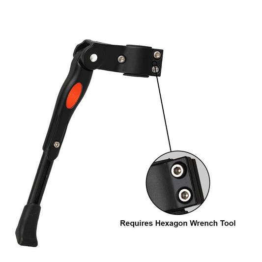 A black bicycle kickstand chain stay mount with an orange accent. It requires a hexagon wrench tool for installation.