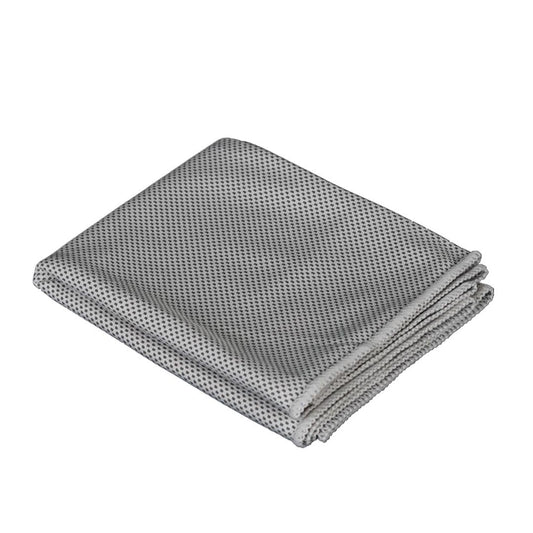 A gray cooling towel with a dotted pattern, folded and displayed against a white background.