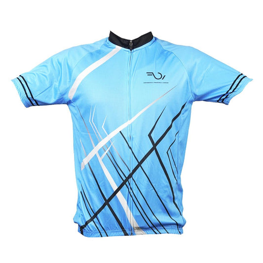 A blue short-sleeved bicycle jersey with a geometric pattern and a front zipper.