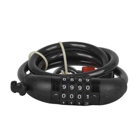 A coiled black bicycle combination lock with a numeric keypad for setting a personal code.