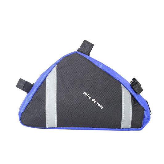 A bicycle frame bag with reflective trim and Velcro straps.