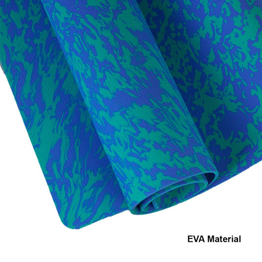 A close-up view of a rolled-up yoga mat featuring a marble-like pattern in blue and green colors, labeled as EVA Material.