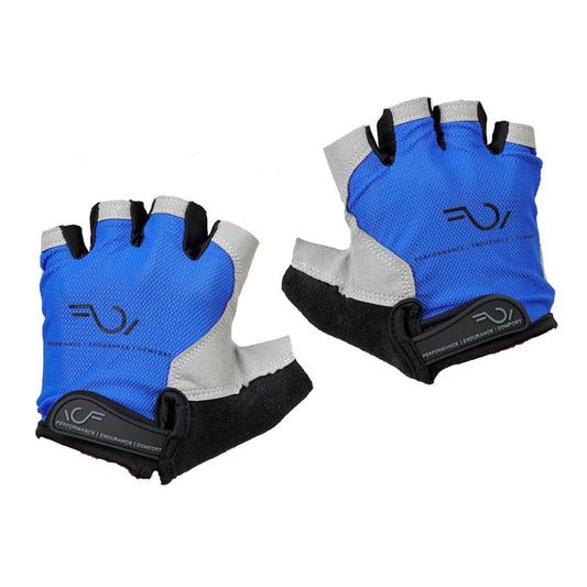 A pair of blue and gray OmniGripp bicycle gloves with anti-skid padding and Velcro closures.