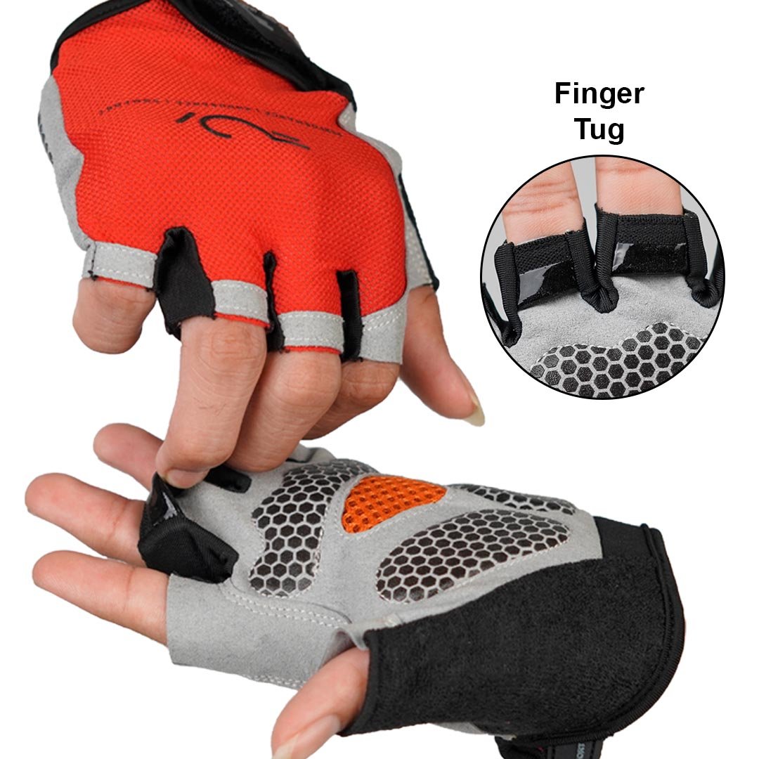 Red and gray OmniGripp bicycle gloves showing back side with pull tabs for easy glove removal after rides