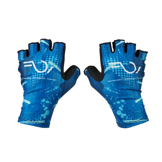 A pair of blue PrimoGripp bicycle gloves with patterned design and the brand logo visible.