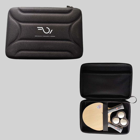 A black rectangular table tennis racket case open to show the interior compartments containing a racket and balls.