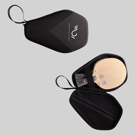 Black diamond-shaped table tennis racket case made of hard-shell EVA, shown open with racket inside.