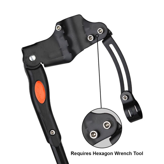 Adjustable bicycle kick stand seat stay mount in black, mounted on a bike frame, requiring a hexagon wrench tool for adjustment