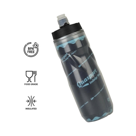 A black insulated sipper bottle with blue accents and branding, indicating it is BPA-free, food-grade, and insulated.