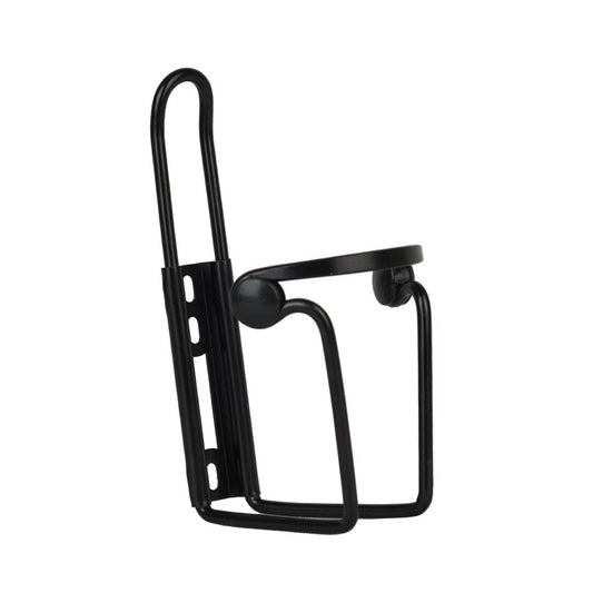 A black bicycle bottle cage made of alloy designed to hold a water bottle securely on the bike frame.