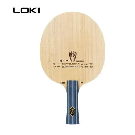 LOKI table tennis paddle with wooden blade and blue handle on a white background