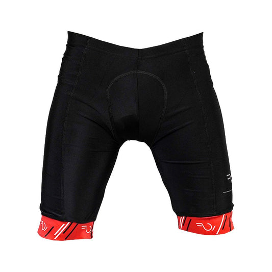 A pair of black bicycle shorts with a red and white striped design on the leg.