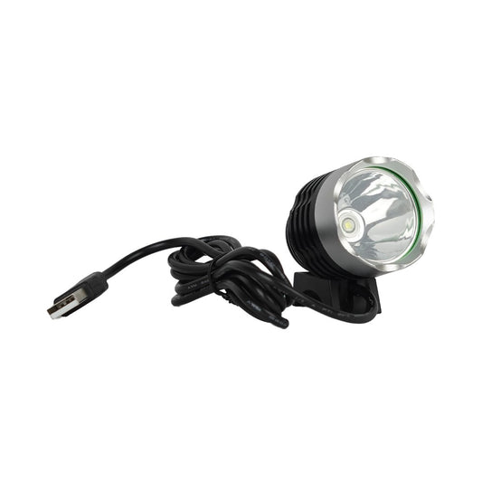 A bicycle head light-HI CAP with a bright lens and an attached cable, primarily black in color.