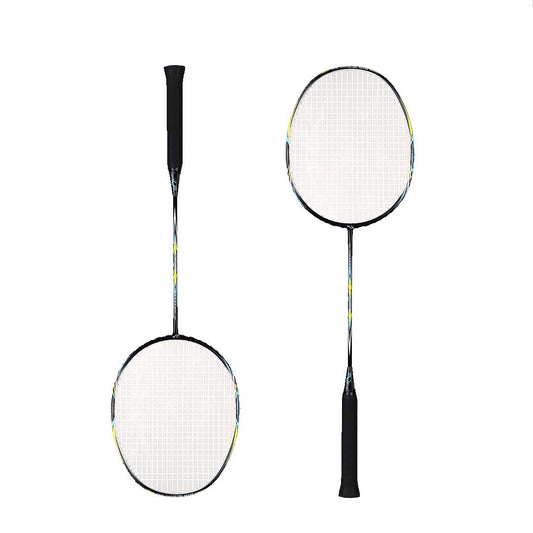 Two badminton rackets with black frames and yellow accents.