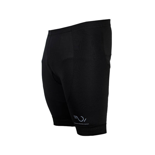 A black bicycle shorts with a subtle logo on the left thigh area, designed for comfort and performance with a compression fit.