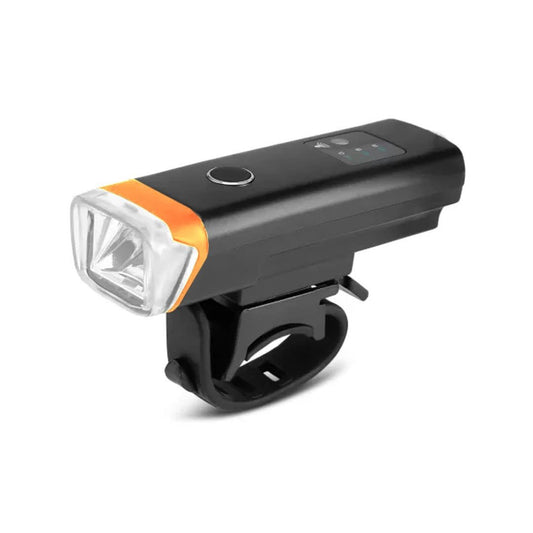 A black bicycle headlight smart with orange accents, featuring a beam of light and control buttons.