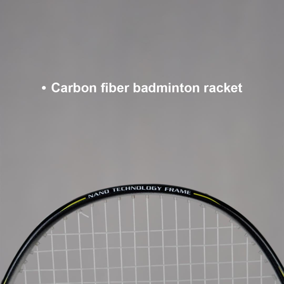 Close-up of Omni Smash carbon fibre badminton racket – lightweight design for high performance and strength