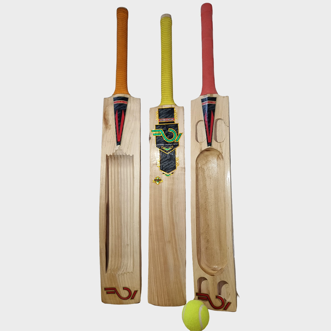 Three cricket bats aligned vertically with a tennis ball in front of them. The bats have wooden blades with red and yellow branding on the handles.