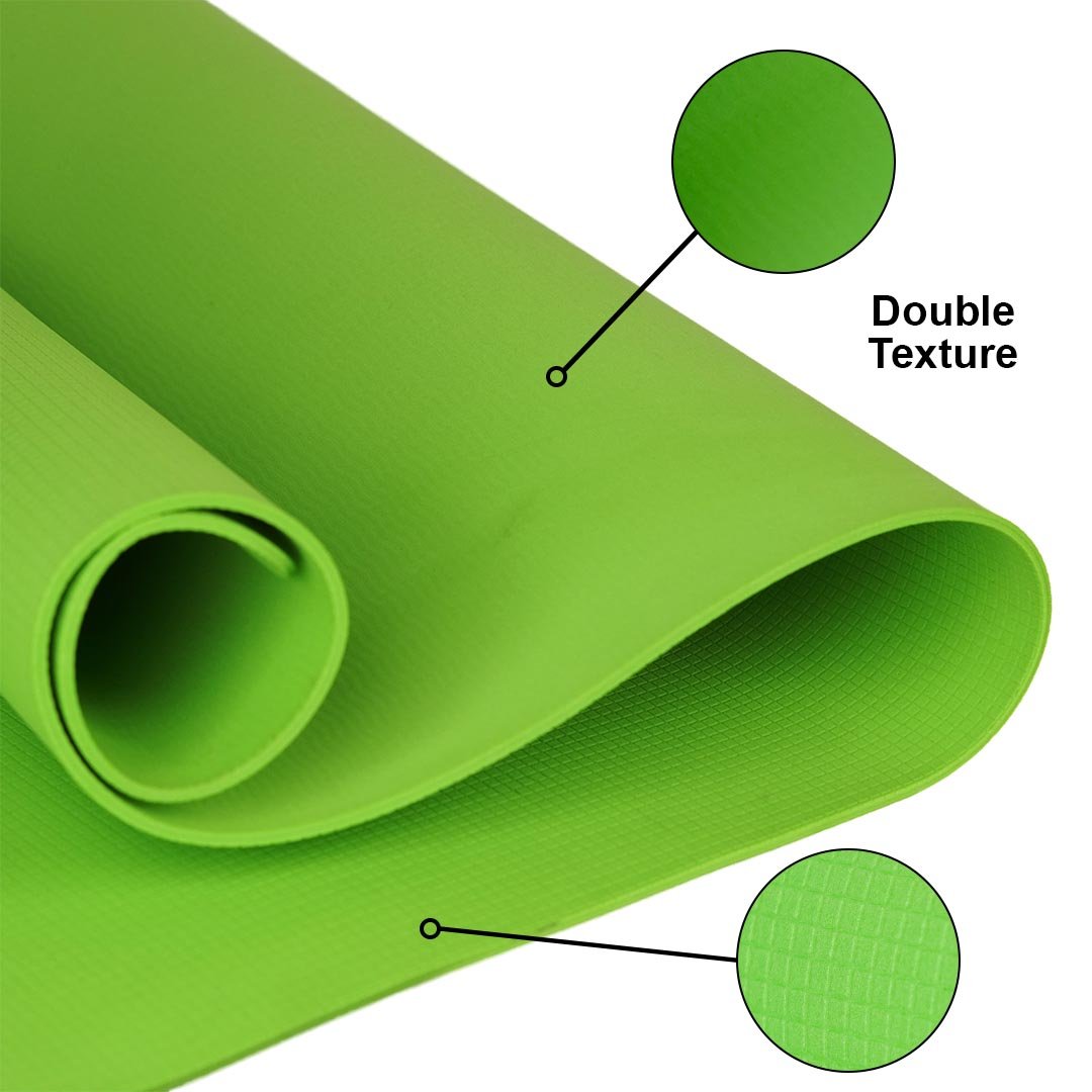 Green Eka Yoga Mat 4mm Essential with close-up view of double-textured surface for enhanced grip and comfort.