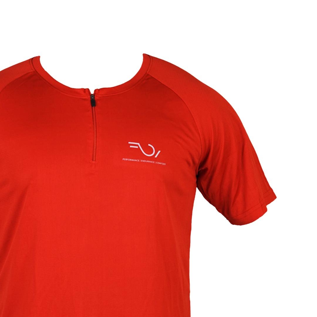A red t-shirt with a small logo on the upper left chest area, featuring a mock neckline and short sleeves.